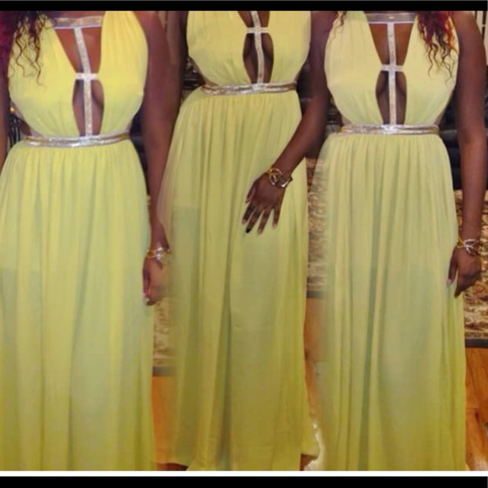 LONG YELLOW GOWN WITH GOLD SHIMMER STRAPS